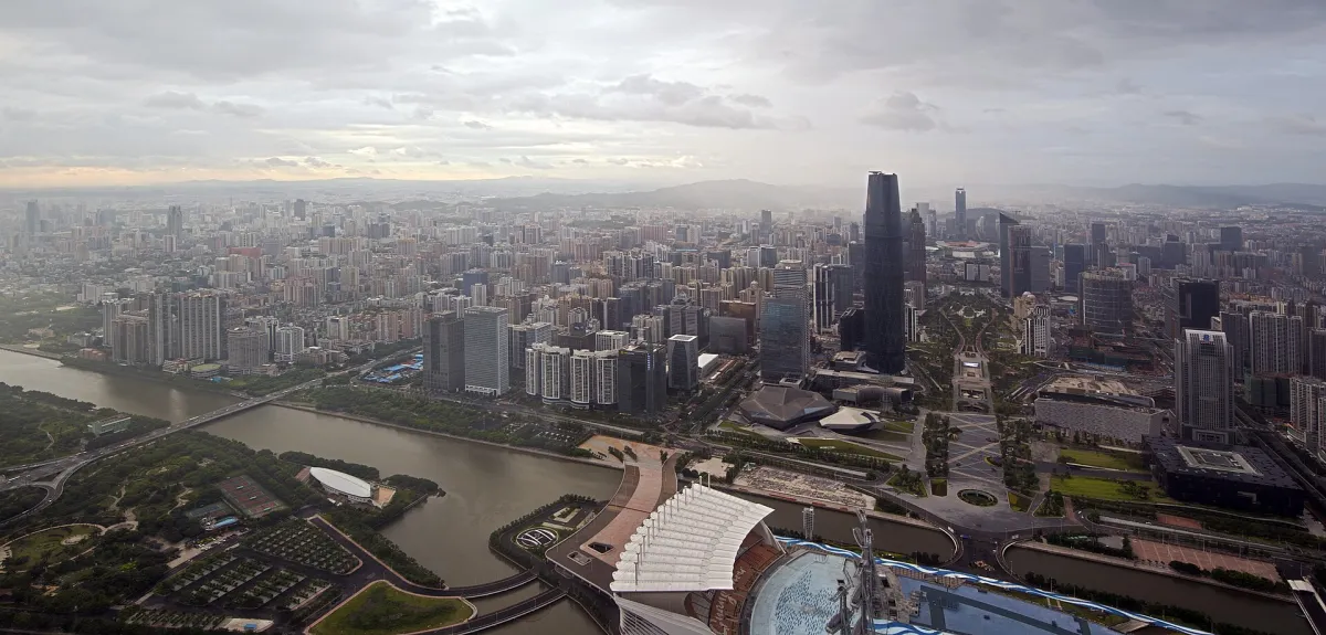 Vista aérea de Zhujiang New Town, el distrito de negocios de Guangzhou